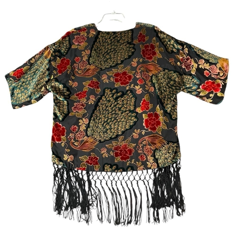 Xhilaration Boho Floral Peacock Burnout Velvet Open Front Tassels Kimono  XS/S - Picture 2 of 14